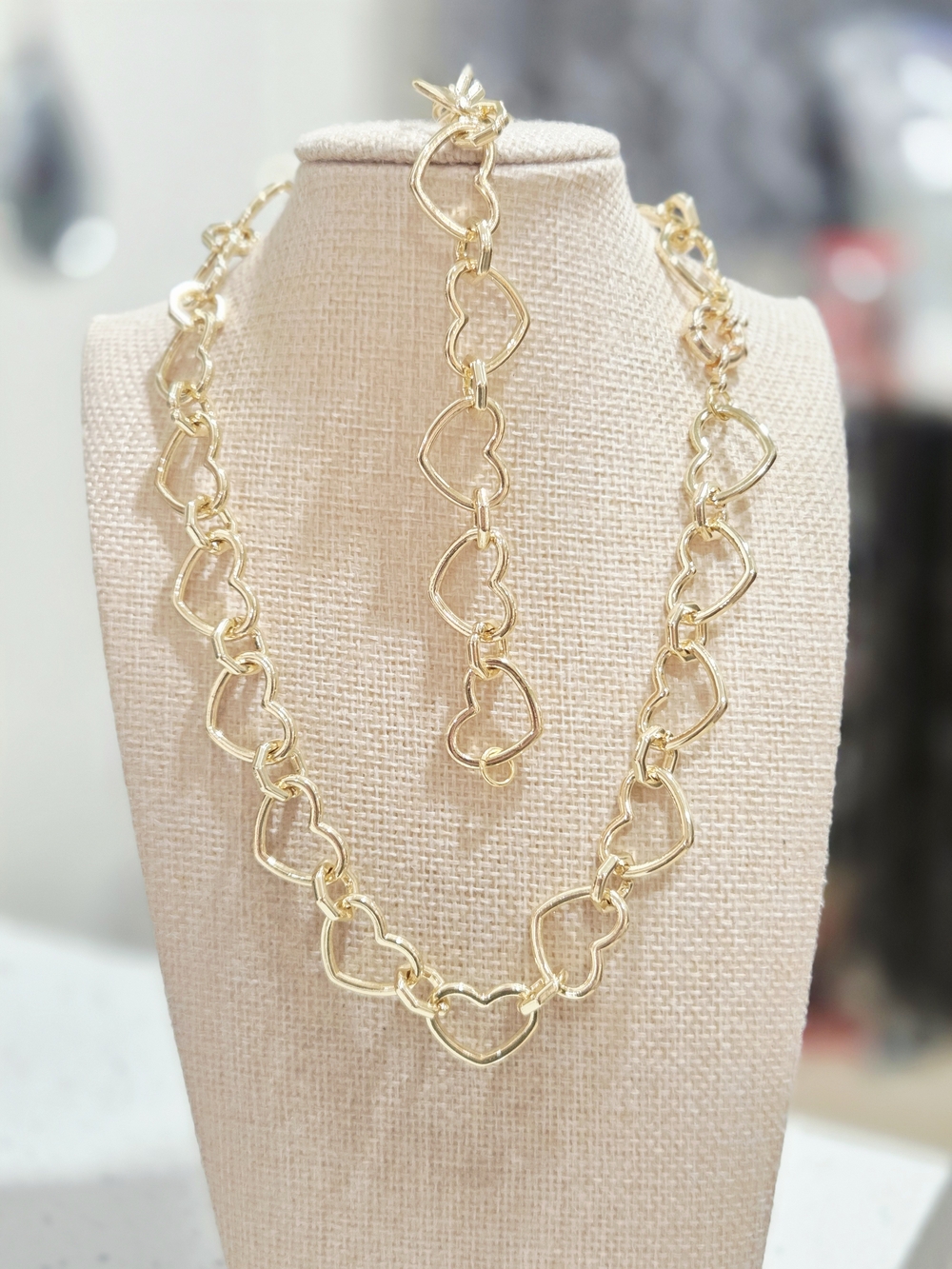 Gold Heart Link Necklace and Bracelet Set - Gold Tone Women’s Jewelry
